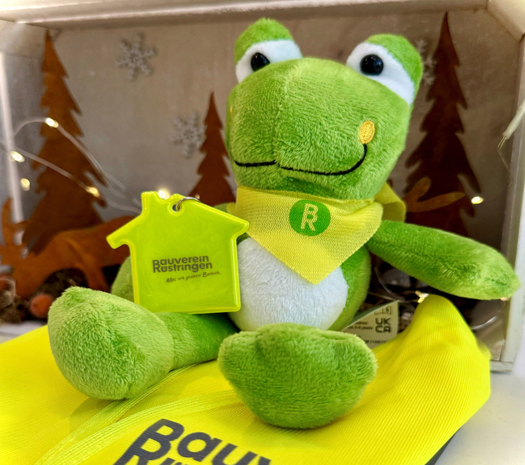 Aktion zum Nikolaustag - Kleiner Plüschfrosch, Reflektor und Sicherheitsjacke.